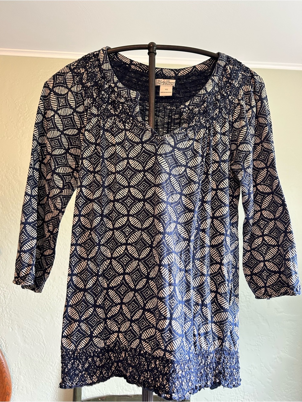 Lucky Brand Navy and White Geometric Smocked Tunic